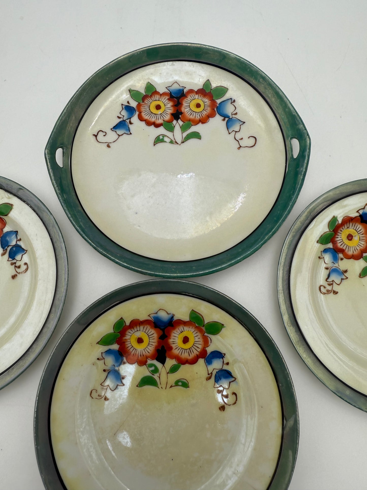 VINTAGE MADE IN JAPAN FLORAL PLATE & TRAY SET – 1950S HAND-PAINTED CERAMIC – 4.25” PLATES & 5” HANDLED TRAY – COTTAGECORE FLORAL DISH SET