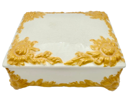 VINTAGE ITALIAN-STYLE CERAMIC SUNFLOWER JEWELRY BOX WITH RAISED RELIEF & CRACKLE GLAZE