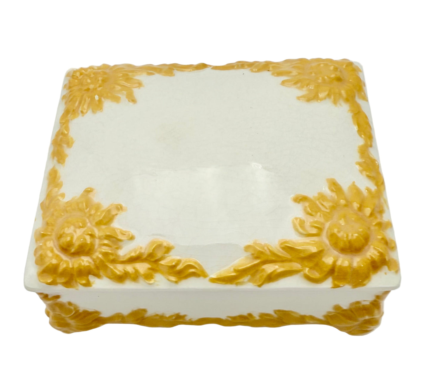 VINTAGE ITALIAN-STYLE CERAMIC SUNFLOWER JEWELRY BOX WITH RAISED RELIEF & CRACKLE GLAZE