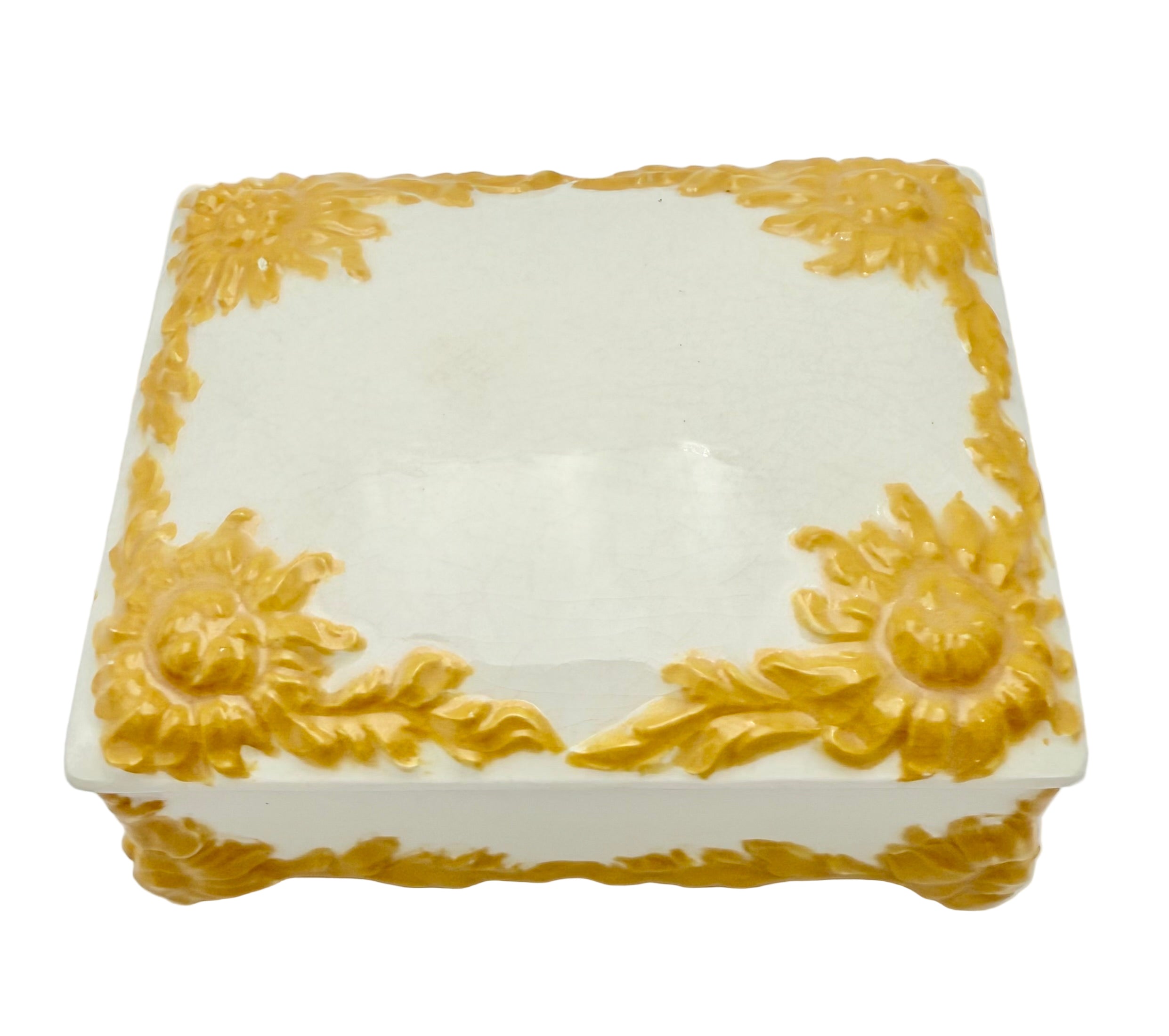 VINTAGE ITALIAN-STYLE CERAMIC SUNFLOWER JEWELRY BOX WITH RAISED RELIEF & CRACKLE GLAZE