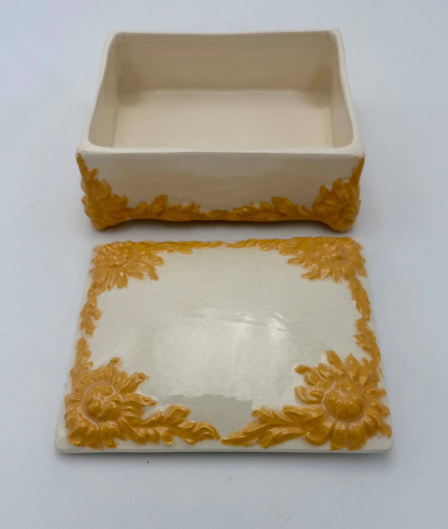 VINTAGE ITALIAN-STYLE CERAMIC SUNFLOWER JEWELRY BOX WITH RAISED RELIEF & CRACKLE GLAZE