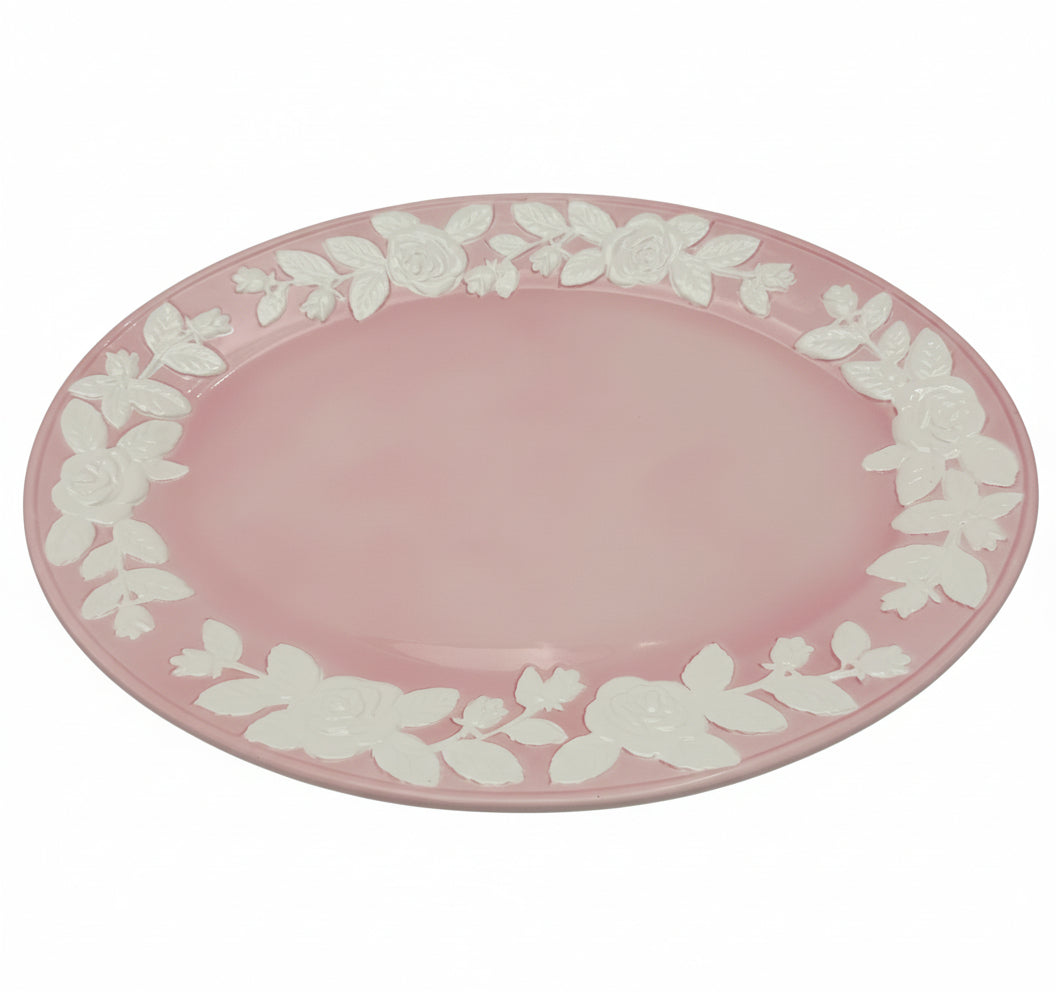 LORD & TAYLOR JAPAN PINK FLORAL RELIEF PLATTER – LARGE 17.75” SERVING TRAY – MID CENTURY JAPANESE CERAMIC – RAISED WHITE ROSES – 1950S DECOR