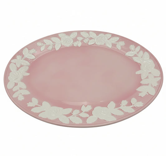 LORD & TAYLOR JAPAN PINK FLORAL RELIEF PLATTER – LARGE 17.75” SERVING TRAY – MID CENTURY JAPANESE CERAMIC – RAISED WHITE ROSES – 1950S DECOR