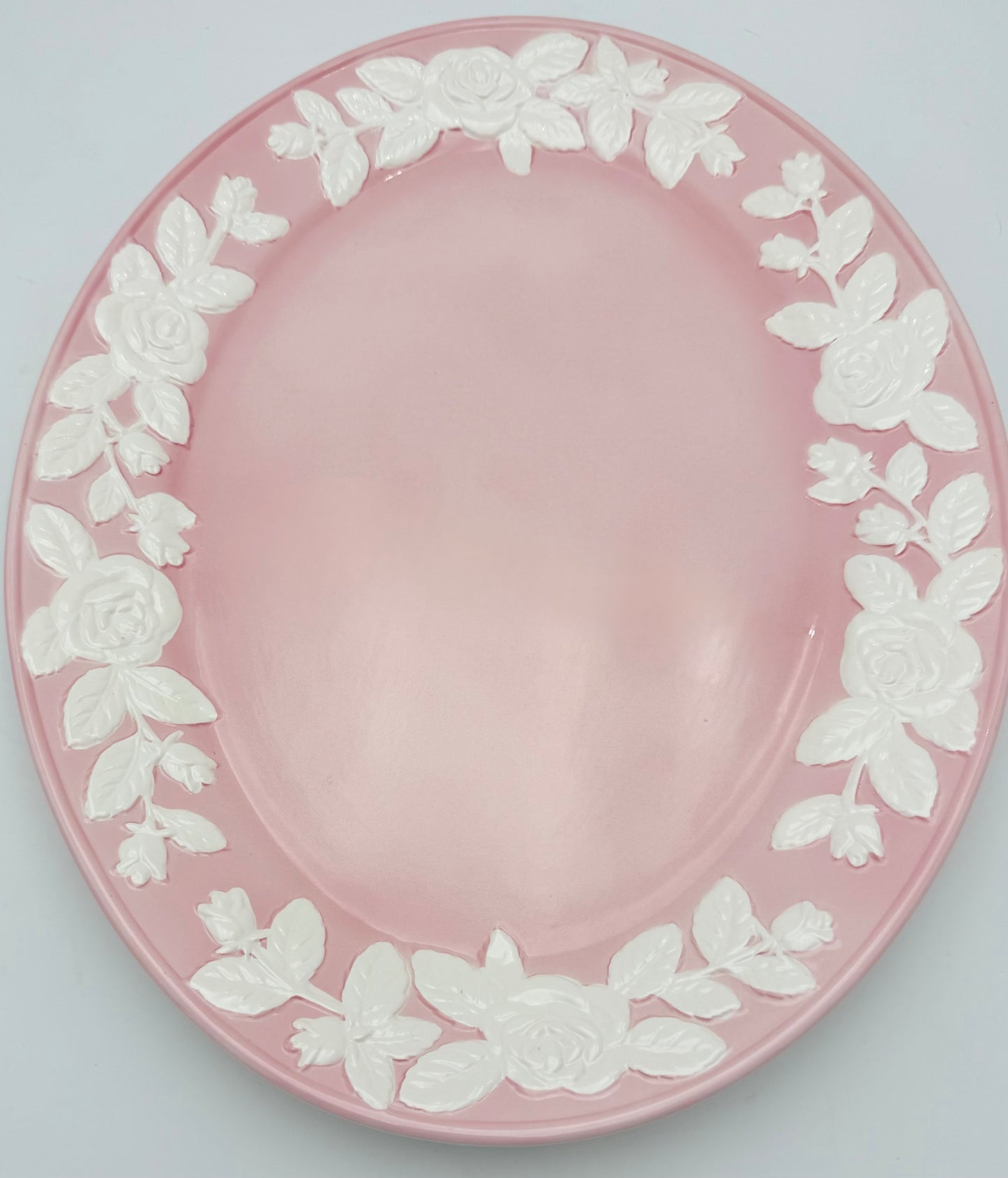 LORD & TAYLOR JAPAN PINK FLORAL RELIEF PLATTER – LARGE 17.75” SERVING TRAY – MID CENTURY JAPANESE CERAMIC – RAISED WHITE ROSES – 1950S DECOR