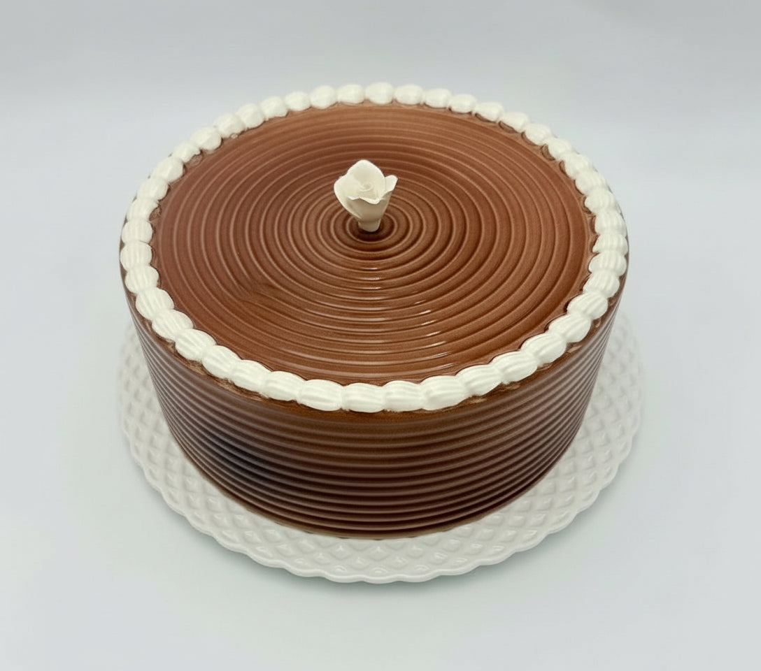 HANDCRAFTED PORTUGUESE CERAMIC CAKE KEEPER WITH ROSE FINIAL | VINTAGE CHEESE DOME & SERVING PLATTER