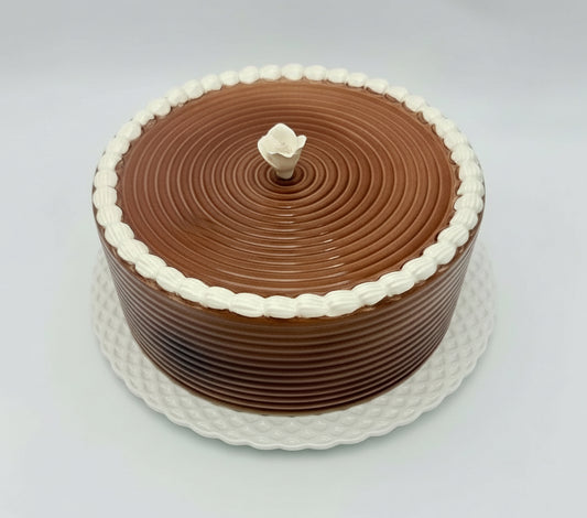 HANDCRAFTED PORTUGUESE CERAMIC CAKE KEEPER WITH ROSE FINIAL | VINTAGE CHEESE DOME & SERVING PLATTER