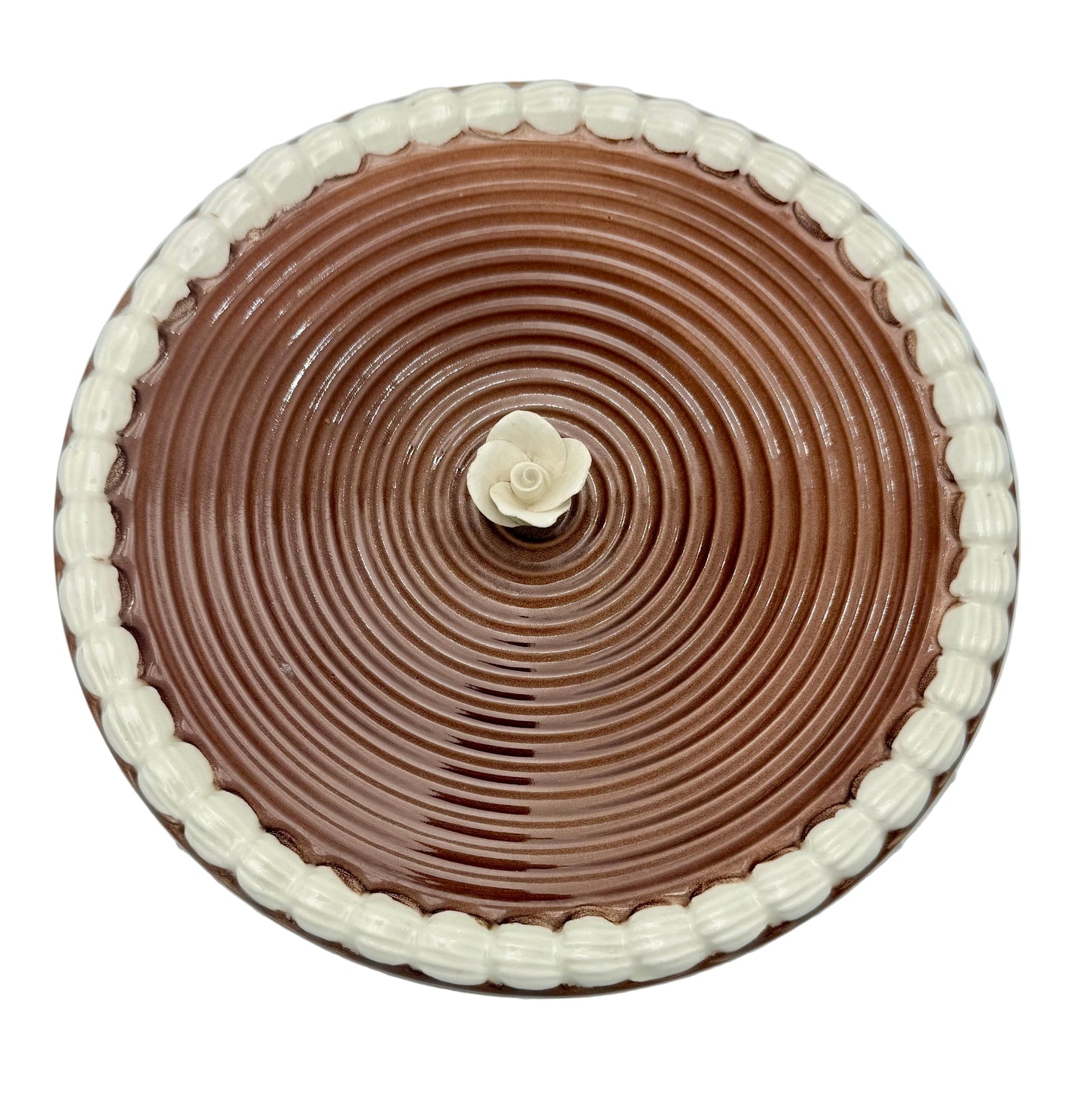HANDCRAFTED PORTUGUESE CERAMIC CAKE KEEPER WITH ROSE FINIAL | VINTAGE CHEESE DOME & SERVING PLATTER