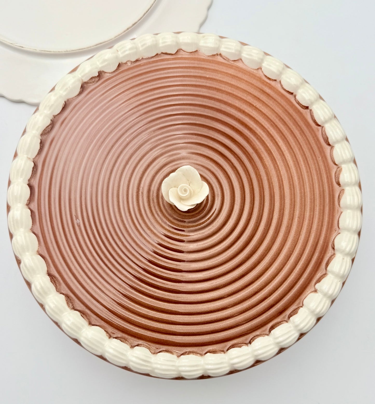 HANDCRAFTED PORTUGUESE CERAMIC CAKE KEEPER WITH ROSE FINIAL | VINTAGE CHEESE DOME & SERVING PLATTER