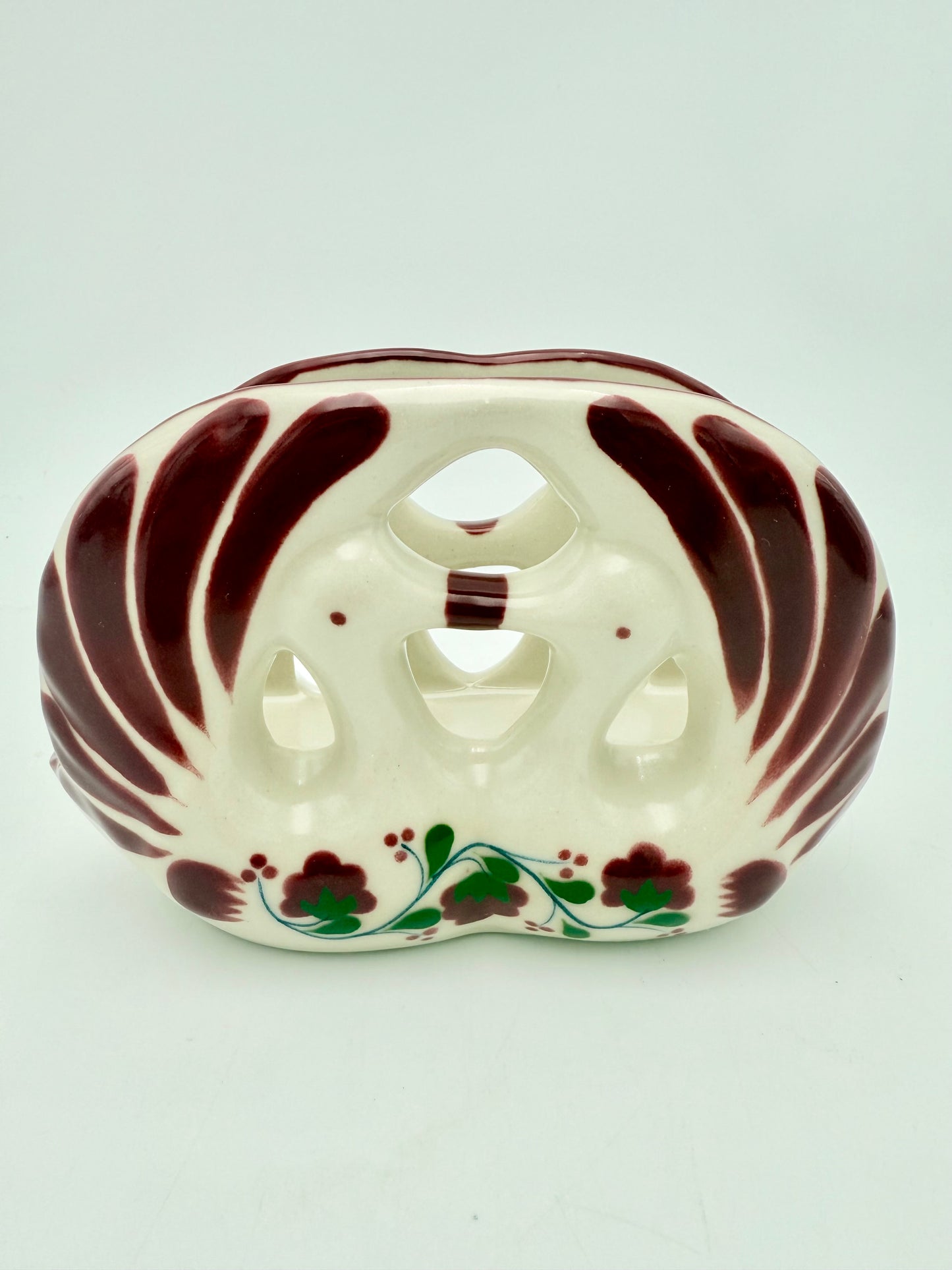 VINTAGE PORTUGUESE HAND-PAINTED CERAMIC NAPKIN HOLDER – SIGNED “CZ KILDOS” – FLORAL BURGUNDY & GREEN – 1960s–1980s