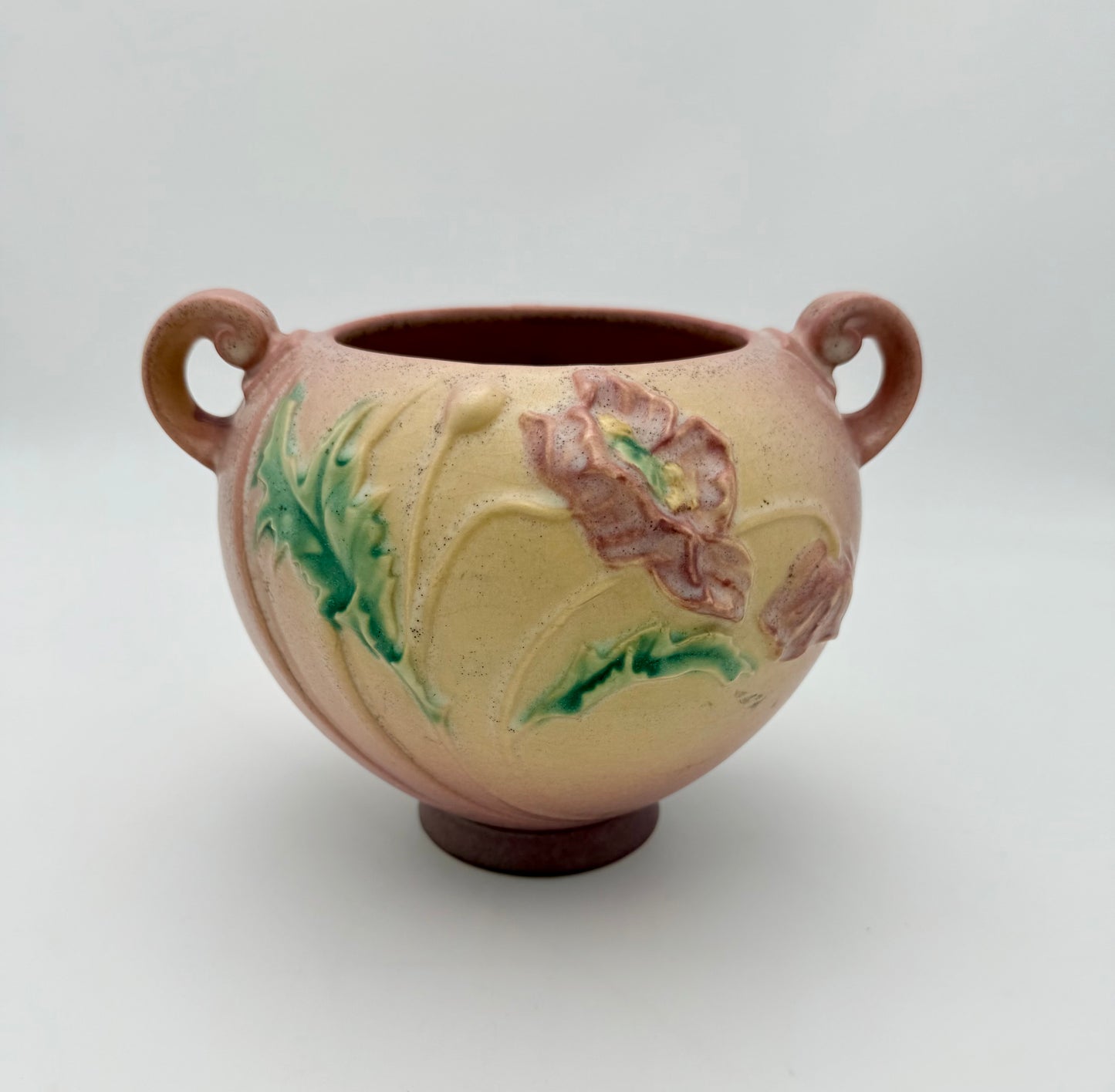 ROSEVILLE POTTERY POPPY 335-6 ART POTTERY BOWL • 1930s TWO-HANDLED SCULPTED FLORAL JARDINIERE