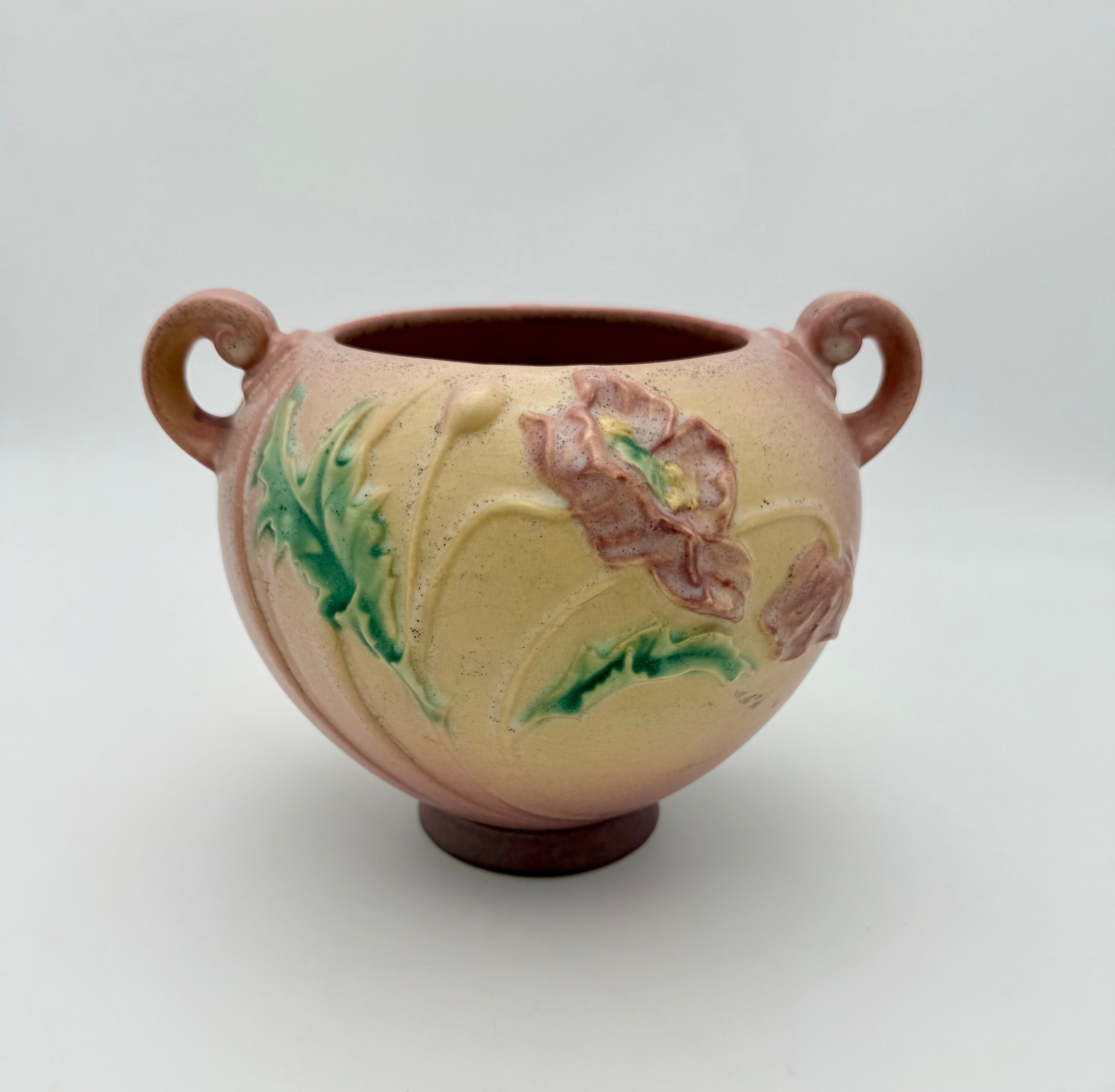 ROSEVILLE POTTERY POPPY 335-6 ART POTTERY BOWL • 1930s TWO-HANDLED SCULPTED FLORAL JARDINIERE