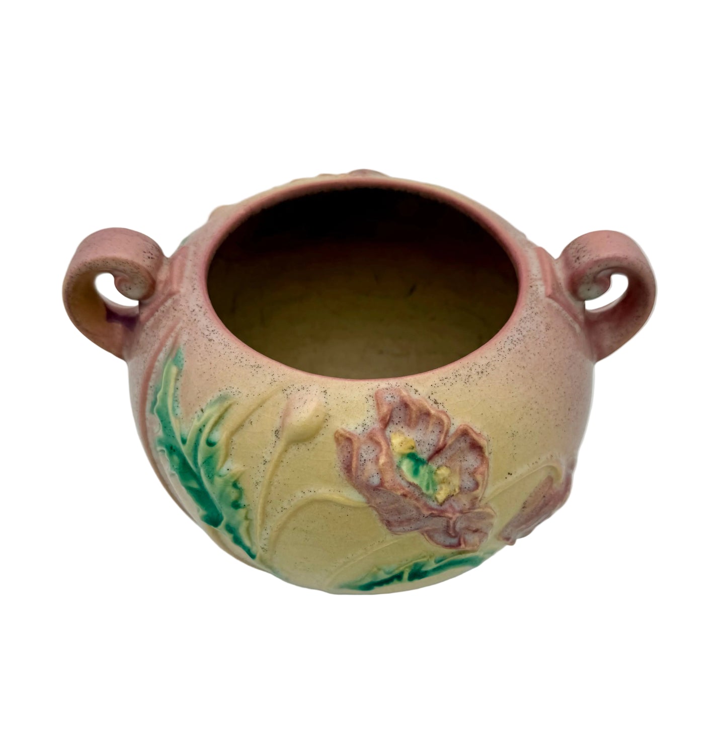 ROSEVILLE POTTERY POPPY 335-6 ART POTTERY BOWL • 1930s TWO-HANDLED SCULPTED FLORAL JARDINIERE
