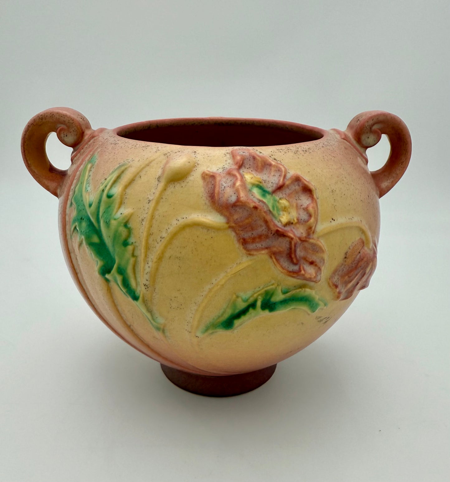 ROSEVILLE POTTERY POPPY 335-6 ART POTTERY BOWL • 1930s TWO-HANDLED SCULPTED FLORAL JARDINIERE