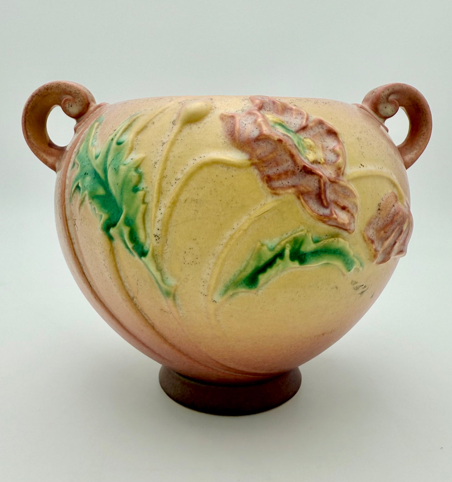 ROSEVILLE POTTERY POPPY 335-6 ART POTTERY BOWL • 1930s TWO-HANDLED SCULPTED FLORAL JARDINIERE