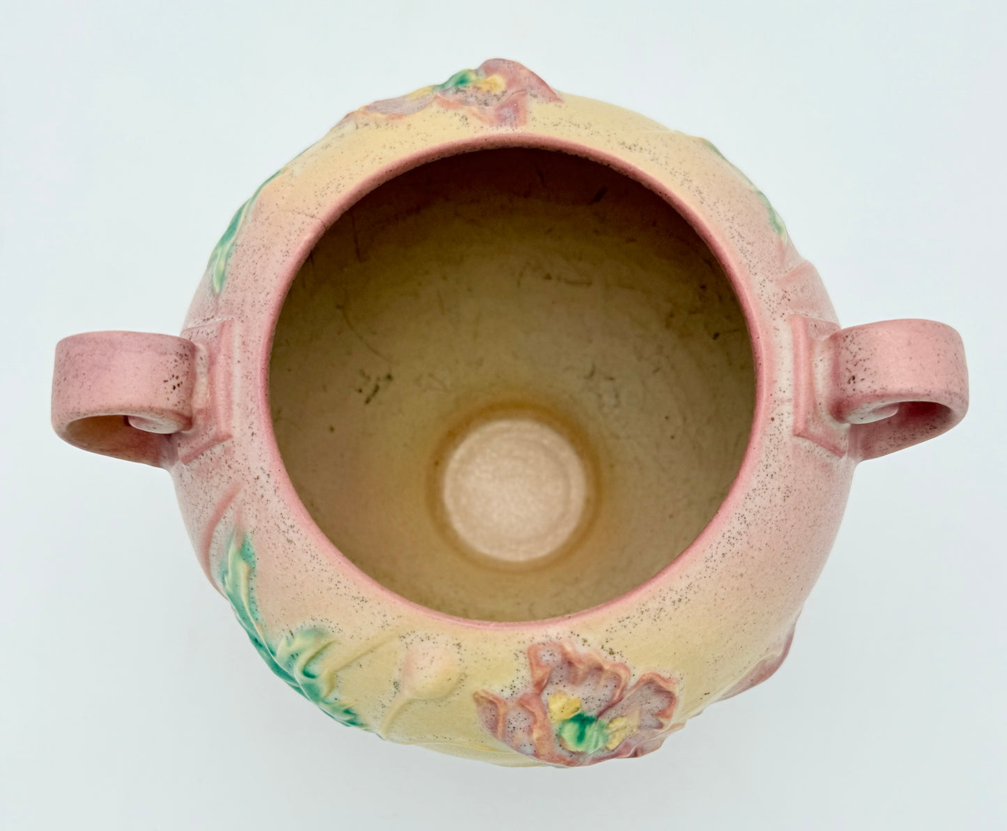 ROSEVILLE POTTERY POPPY 335-6 ART POTTERY BOWL • 1930s TWO-HANDLED SCULPTED FLORAL JARDINIERE