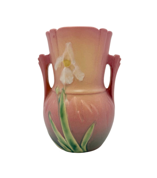 ROSEVILLE POTTERY WHITE ROSE VASE – PINK MATTE ART POTTERY, 1940s