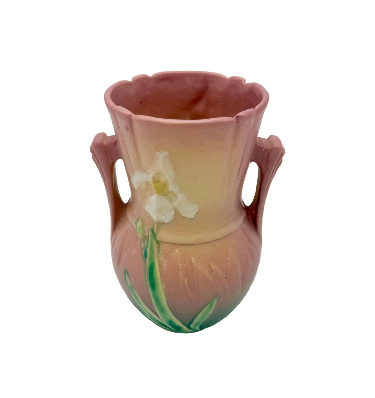 ROSEVILLE POTTERY WHITE ROSE VASE – PINK MATTE ART POTTERY, 1940s