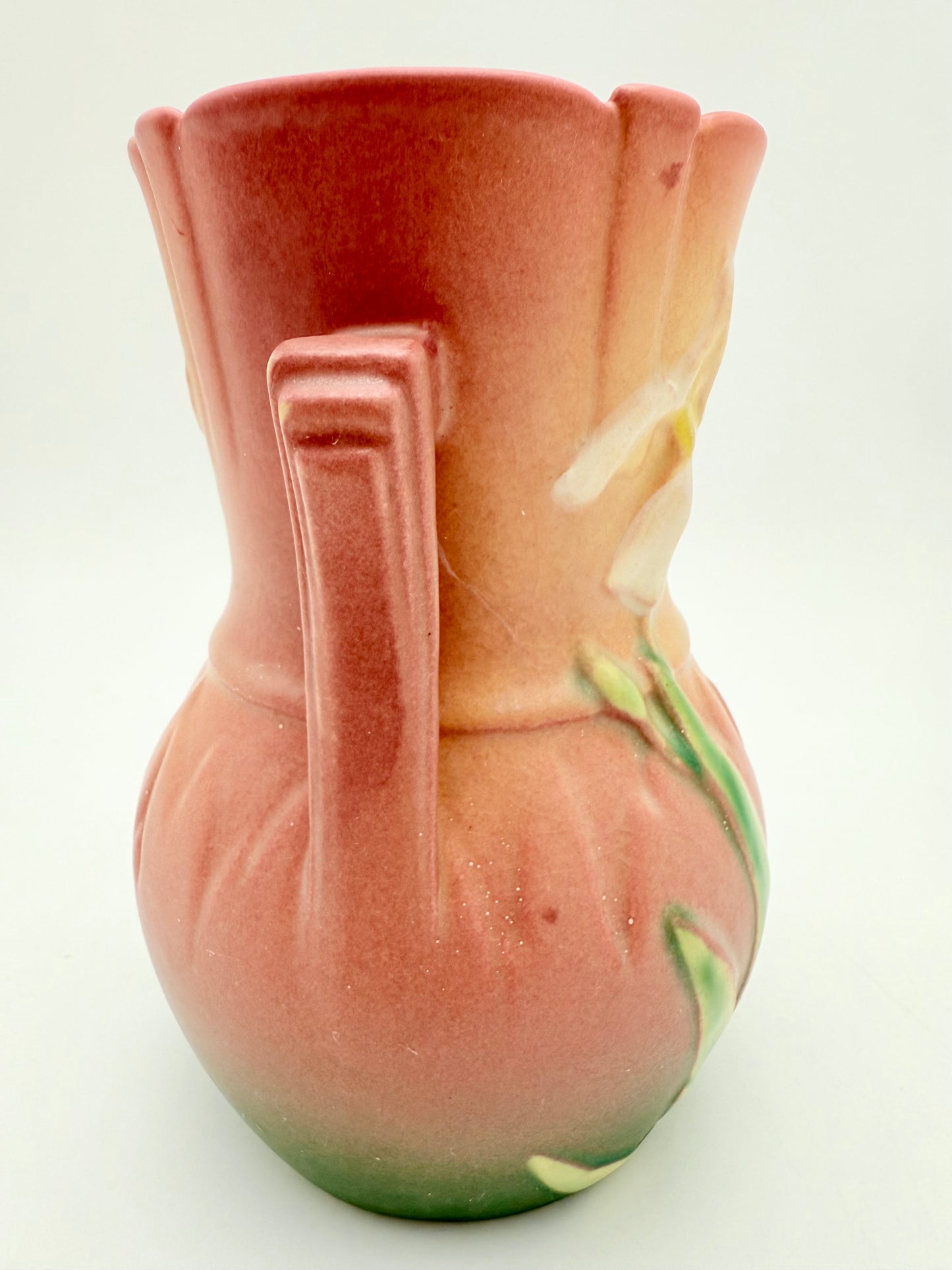 ROSEVILLE POTTERY WHITE ROSE VASE – PINK MATTE ART POTTERY, 1940s