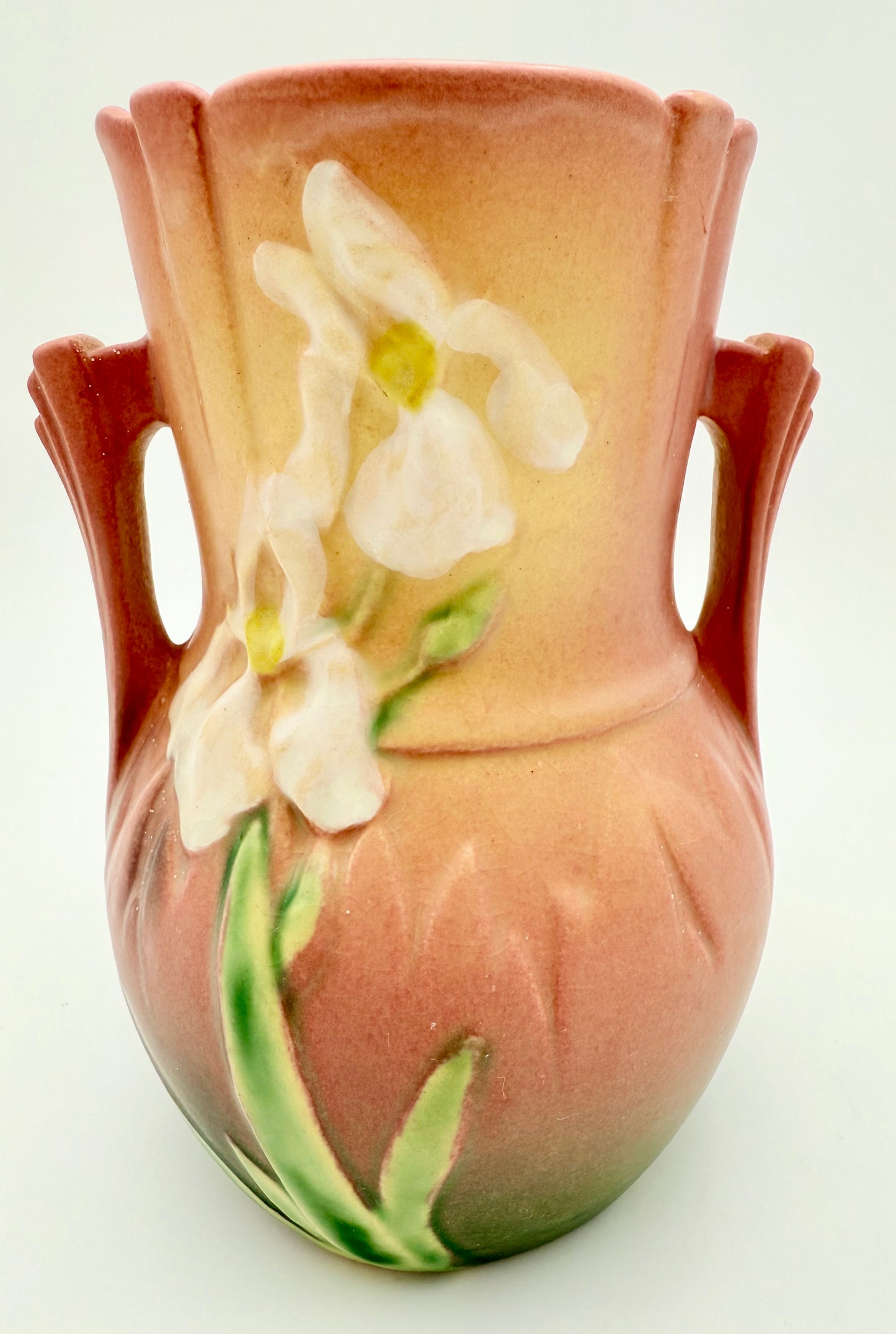 ROSEVILLE POTTERY WHITE ROSE VASE – PINK MATTE ART POTTERY, 1940s