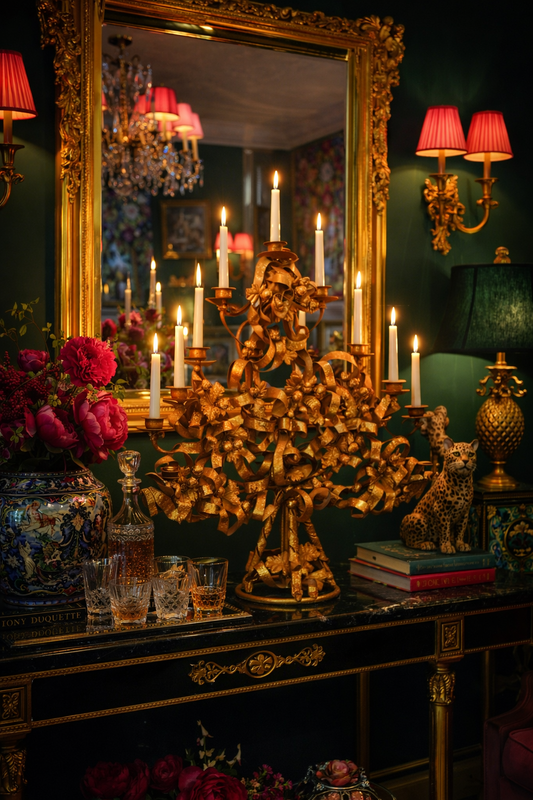 VINTAGE ITALIAN GILT TOLE CHRISTMAS TREE CANDELABRA WITH ACORNS AND RIBBONS – HOLLYWOOD REGENCY GOLD METAL CANDLE HOLDER