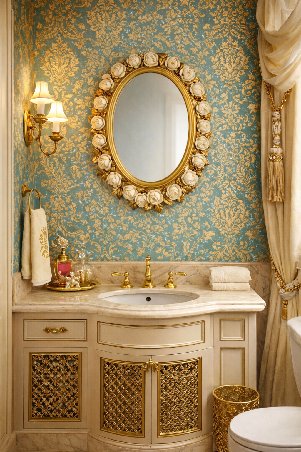 Vintage Hollywood Regency Oval Mirror with Gilded Roses