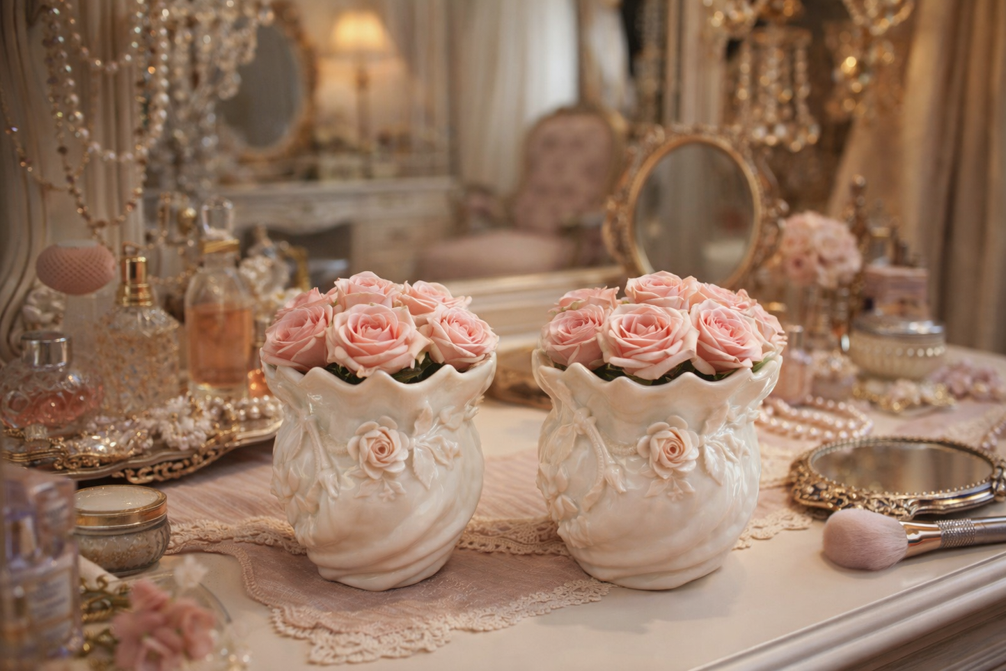 PAIR OF BELLEEK IRELAND PORCELAIN SHELL ROSE PLANTERS – 3RD BLACK MARK 1926–1946 – VINTAGE IRISH PARIAN PORCELAIN – MINT CONDITION