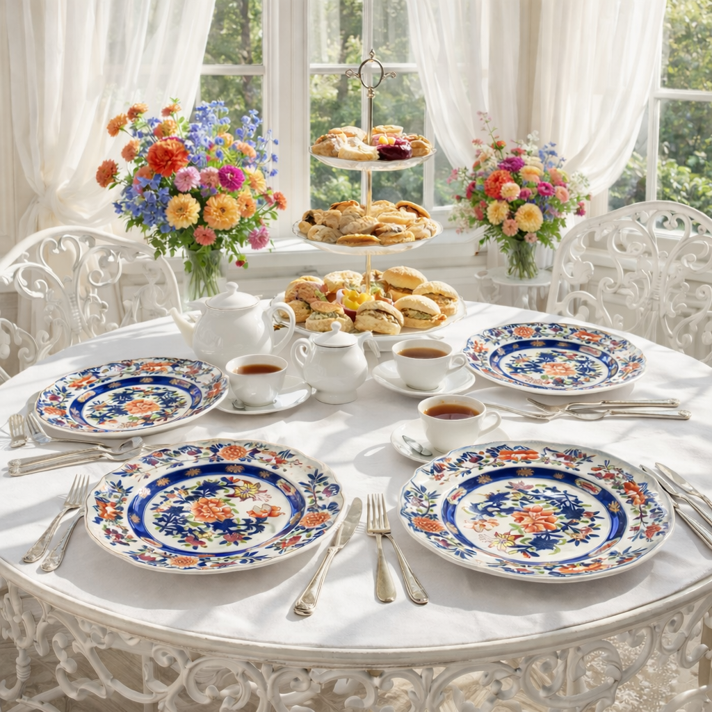 ANTIQUE MASON’S IRONSTONE IMARI STYLE HAND PAINTED DESSERT PLATES – SET OF 4 – REGENCY ERA ENGLISH CHINA – CIRCA 1815–1835