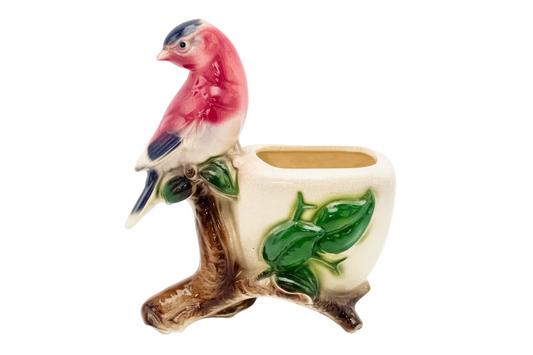 VINTAGE PINK SONGBIRD CERAMIC PLANTER ON BRANCH, MID-CENTURY JAPANESE CRACKLE GLAZE BIRD VASE, COTTAGE GARDEN DECOR