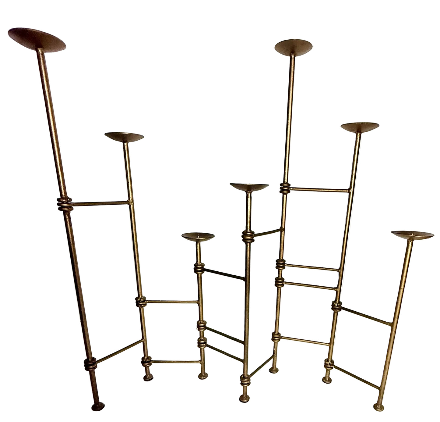 1970S MODERNIST BRASS SCULPTURAL CANDELABRA – ARCHITECTURAL LADDER DESIGN VOTIVE OR PILLAR CANDLE HOLDER CENTERPIECE, HOLLYWOOD REGENCY DECOR