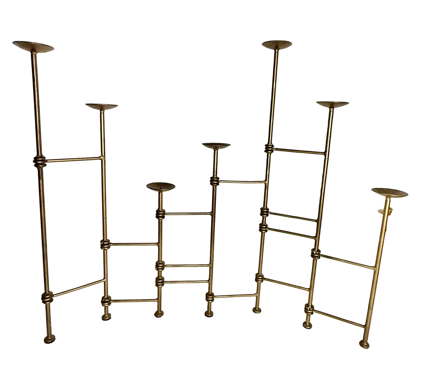 1970S MODERNIST BRASS SCULPTURAL CANDELABRA – ARCHITECTURAL LADDER DESIGN VOTIVE OR PILLAR CANDLE HOLDER CENTERPIECE, HOLLYWOOD REGENCY DECOR