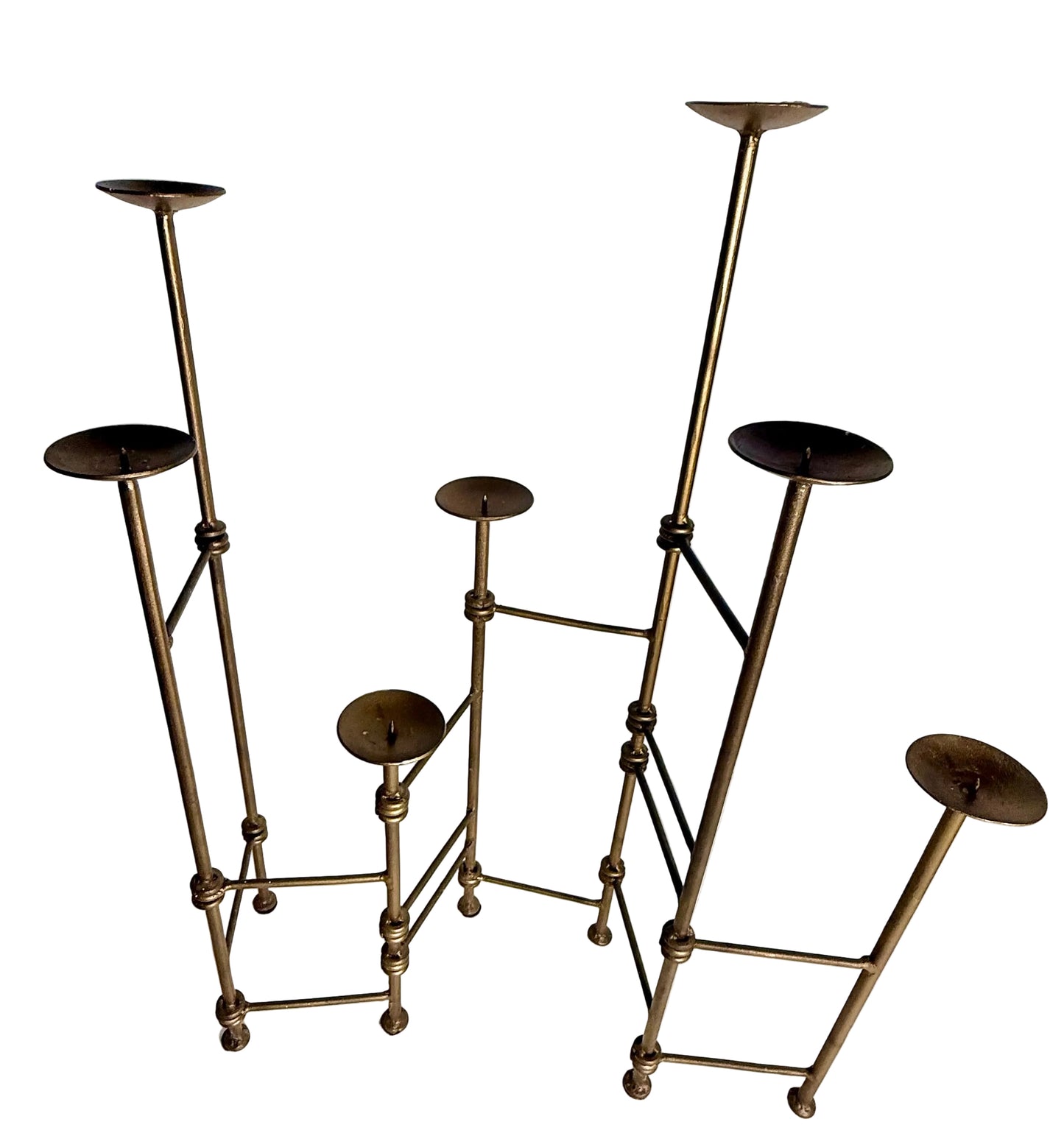 1970S MODERNIST BRASS SCULPTURAL CANDELABRA – ARCHITECTURAL LADDER DESIGN VOTIVE OR PILLAR CANDLE HOLDER CENTERPIECE, HOLLYWOOD REGENCY DECOR