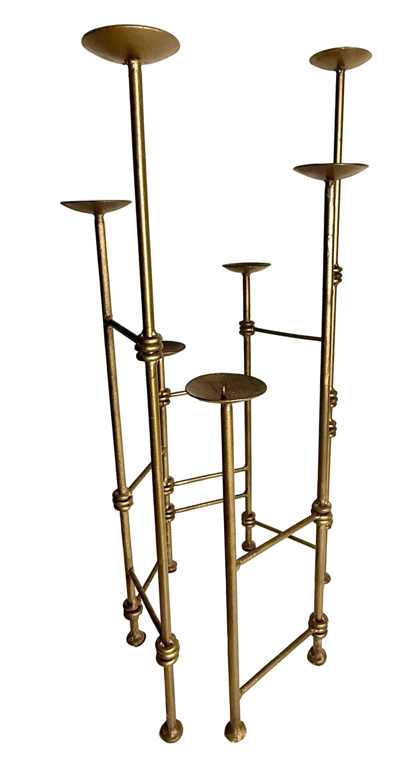 1970S MODERNIST BRASS SCULPTURAL CANDELABRA – ARCHITECTURAL LADDER DESIGN VOTIVE OR PILLAR CANDLE HOLDER CENTERPIECE, HOLLYWOOD REGENCY DECOR