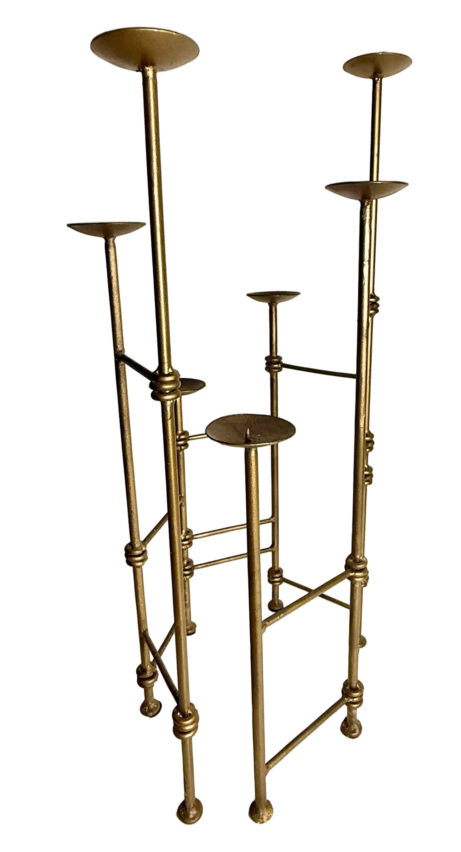 1970S MODERNIST BRASS SCULPTURAL CANDELABRA – ARCHITECTURAL LADDER DESIGN VOTIVE OR PILLAR CANDLE HOLDER CENTERPIECE, HOLLYWOOD REGENCY DECOR
