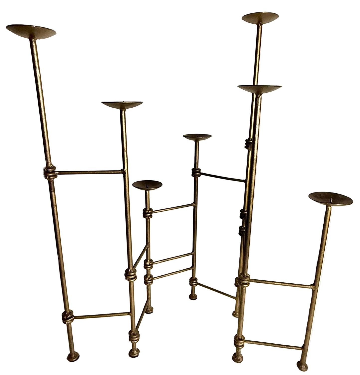 1970S MODERNIST BRASS SCULPTURAL CANDELABRA – ARCHITECTURAL LADDER DESIGN VOTIVE OR PILLAR CANDLE HOLDER CENTERPIECE, HOLLYWOOD REGENCY DECOR