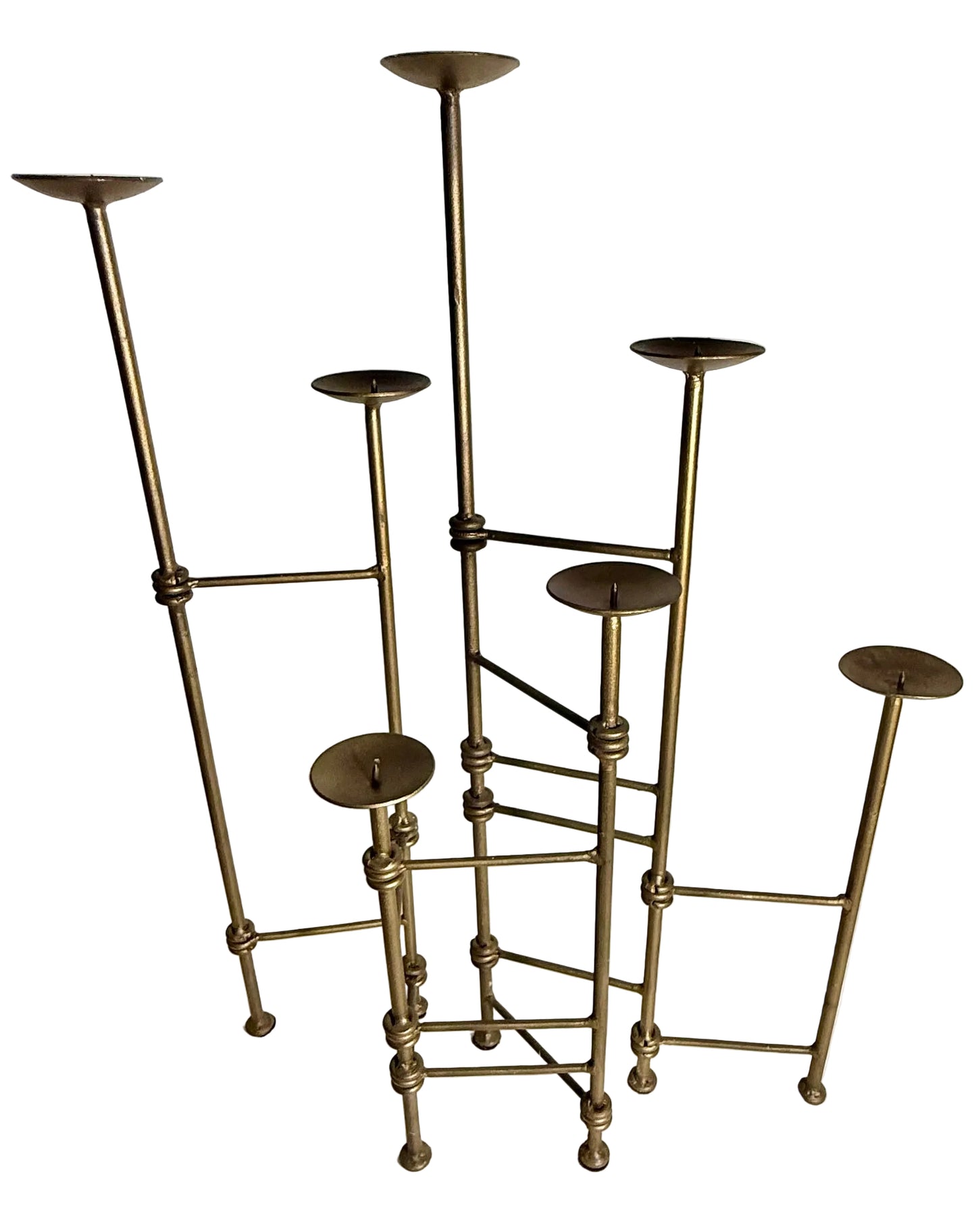 1970S MODERNIST BRASS SCULPTURAL CANDELABRA – ARCHITECTURAL LADDER DESIGN VOTIVE OR PILLAR CANDLE HOLDER CENTERPIECE, HOLLYWOOD REGENCY DECOR