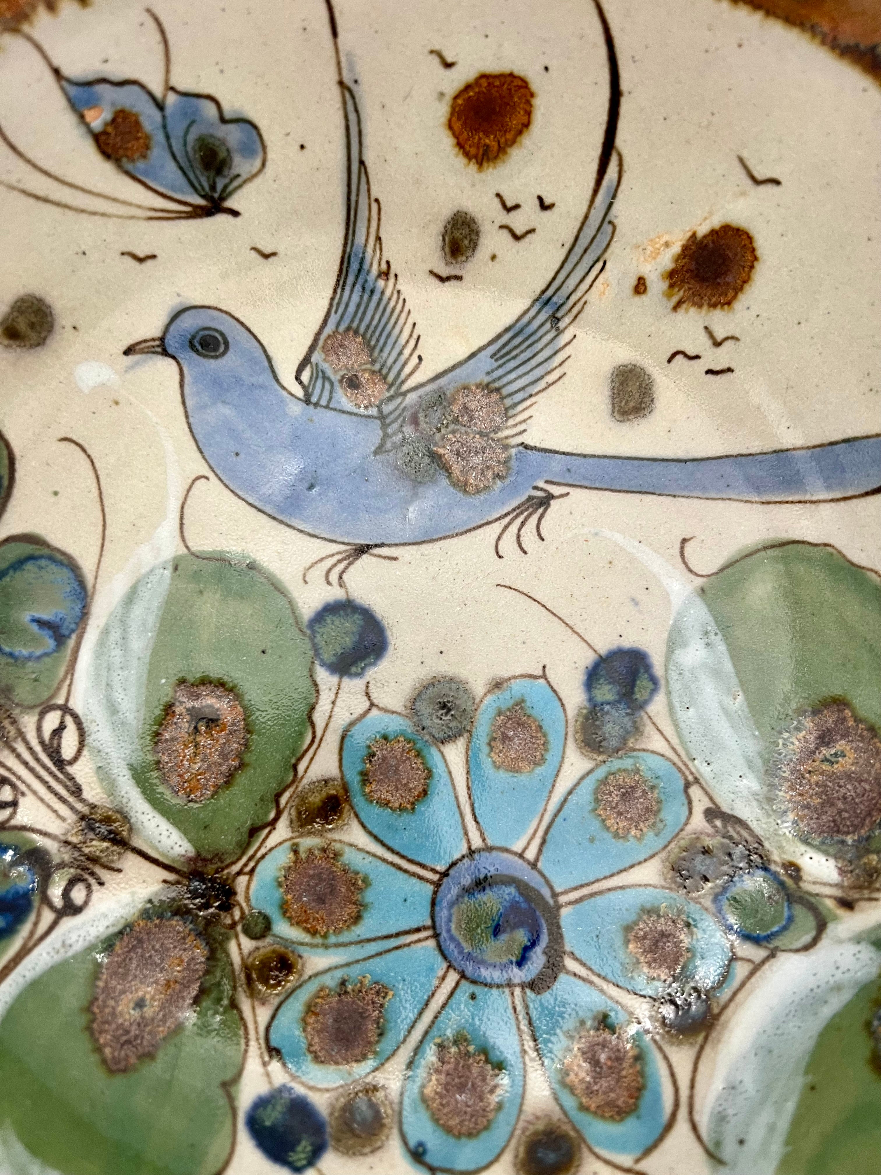 VINTAGE SIGNED MID CENTURY STUDIO POTTERY BOWL WITH BIRD & FLORAL MOTIF – 9”