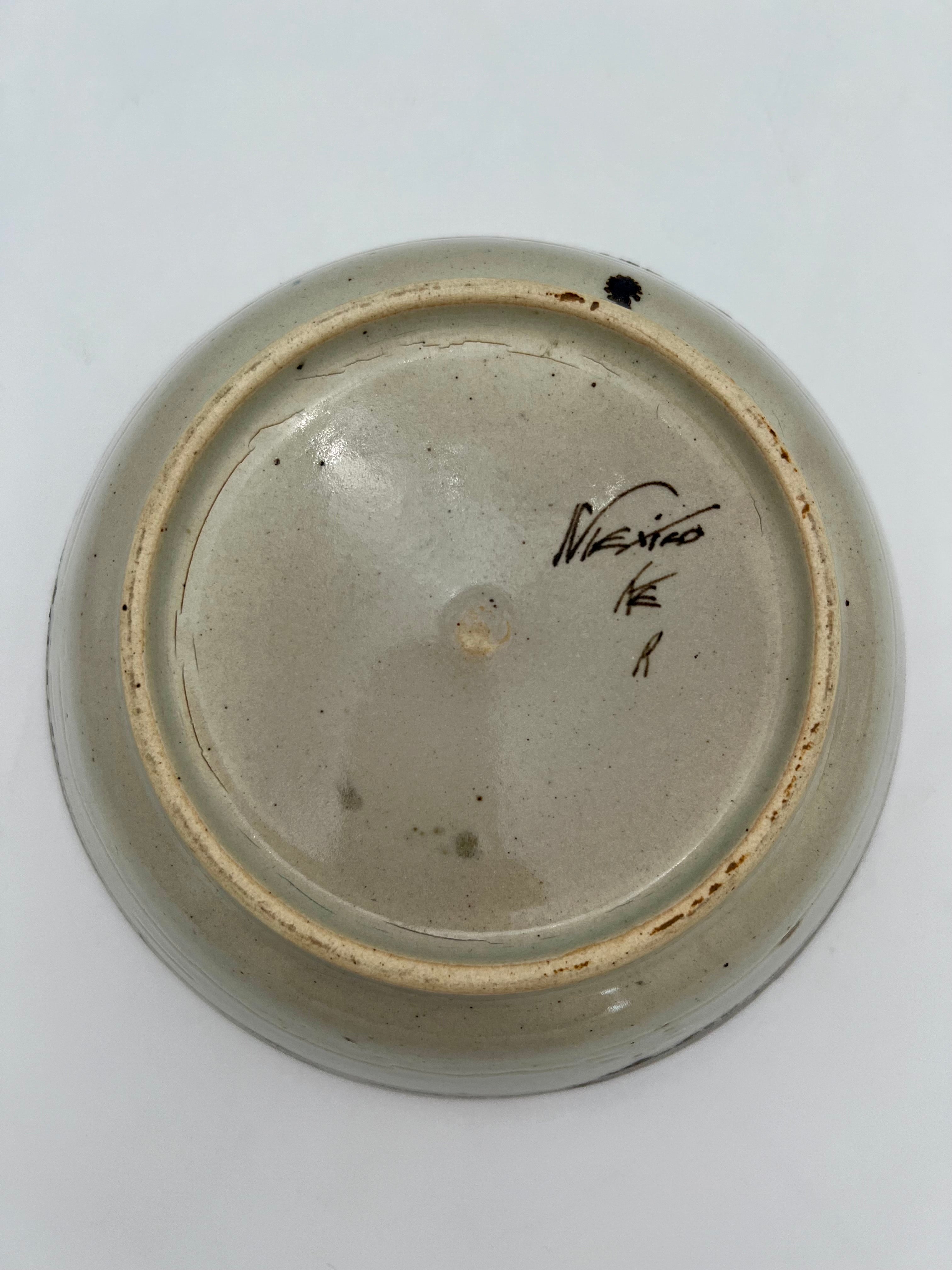 VINTAGE SIGNED MID CENTURY STUDIO POTTERY BOWL WITH BIRD & FLORAL MOTIF – 9”