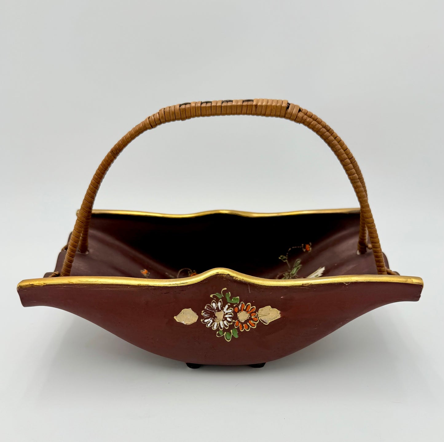 VINTAGE JAPANESE PEACOCK POTTERY BASKET WITH WICKER HANDLE