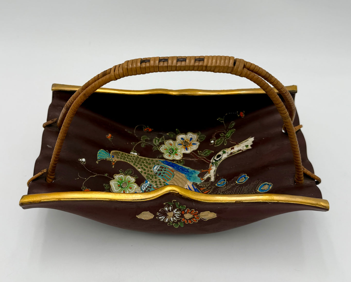 VINTAGE JAPANESE PEACOCK POTTERY BASKET WITH WICKER HANDLE
