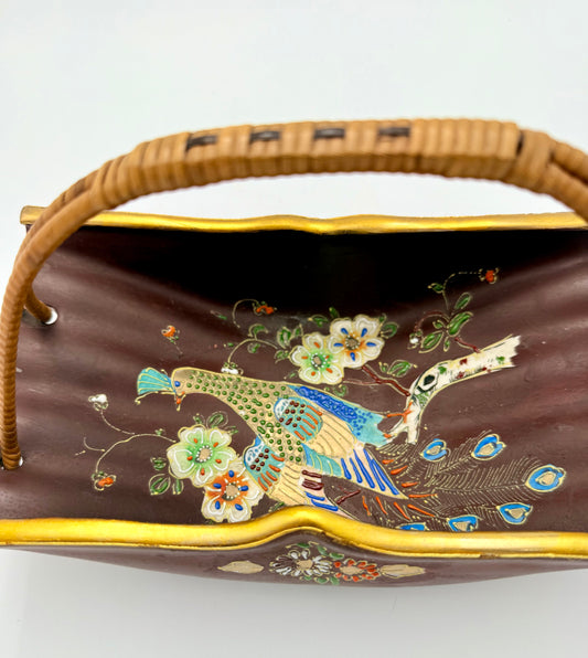 VINTAGE JAPANESE PEACOCK POTTERY BASKET WITH WICKER HANDLE