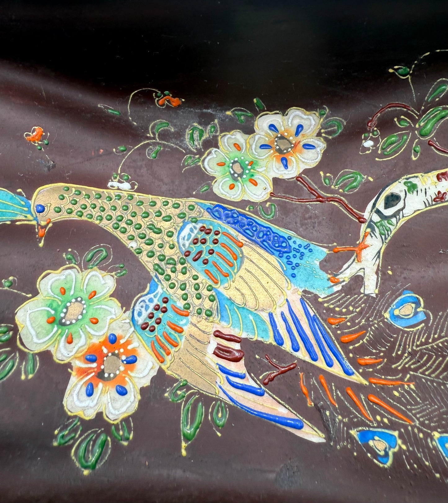 VINTAGE JAPANESE PEACOCK POTTERY BASKET WITH WICKER HANDLE