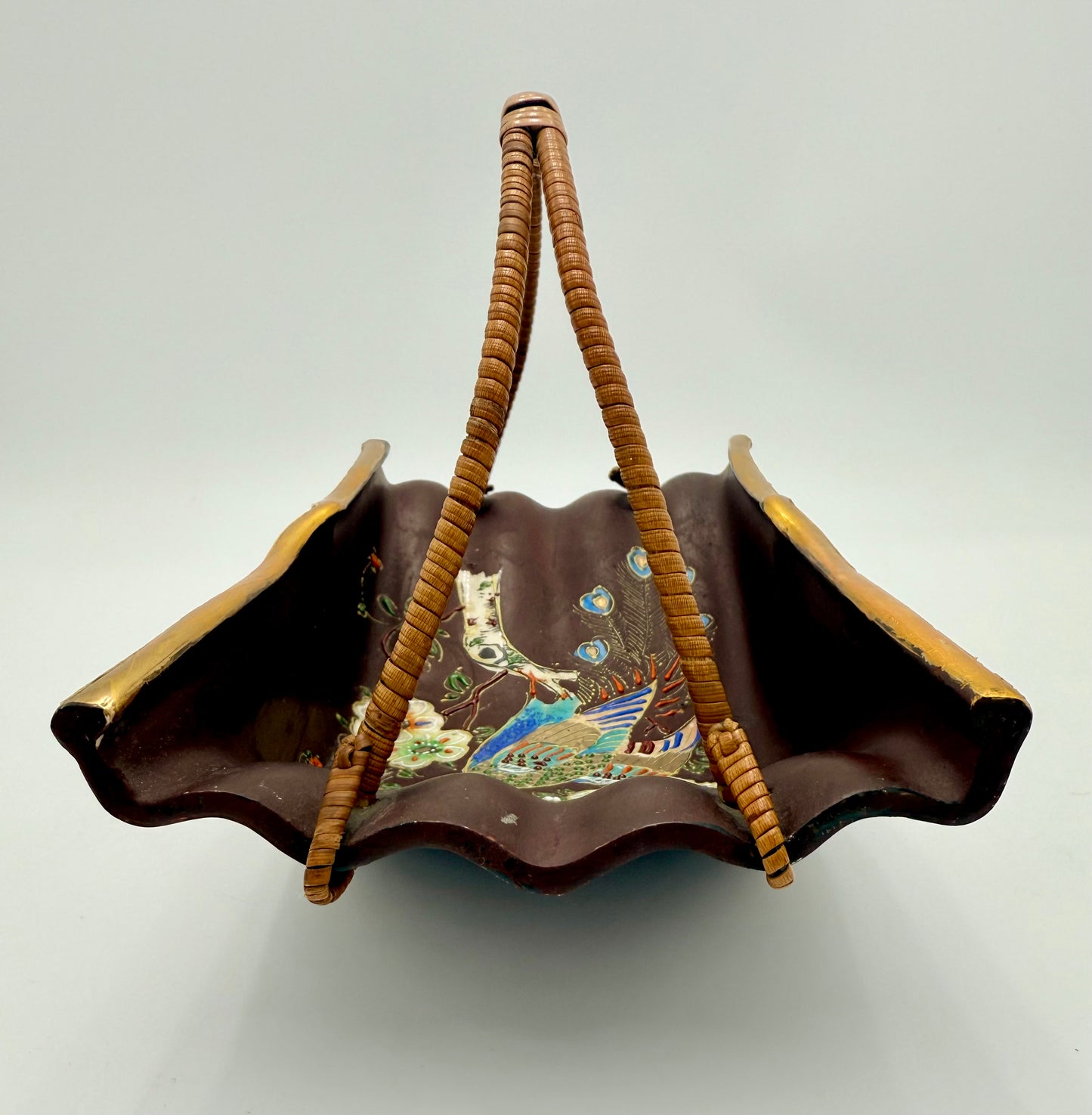 VINTAGE JAPANESE PEACOCK POTTERY BASKET WITH WICKER HANDLE