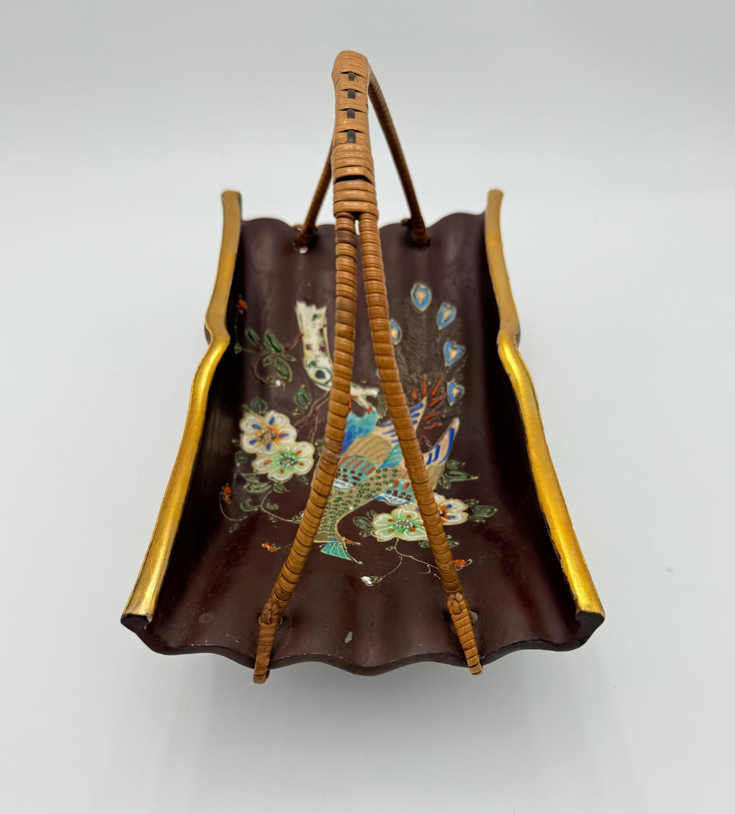 VINTAGE JAPANESE PEACOCK POTTERY BASKET WITH WICKER HANDLE