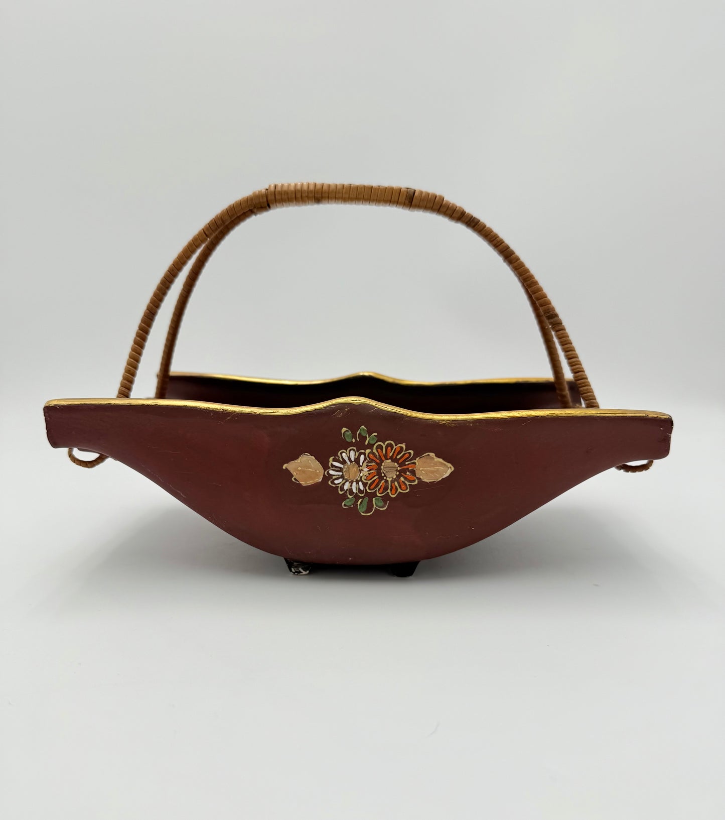 VINTAGE JAPANESE PEACOCK POTTERY BASKET WITH WICKER HANDLE