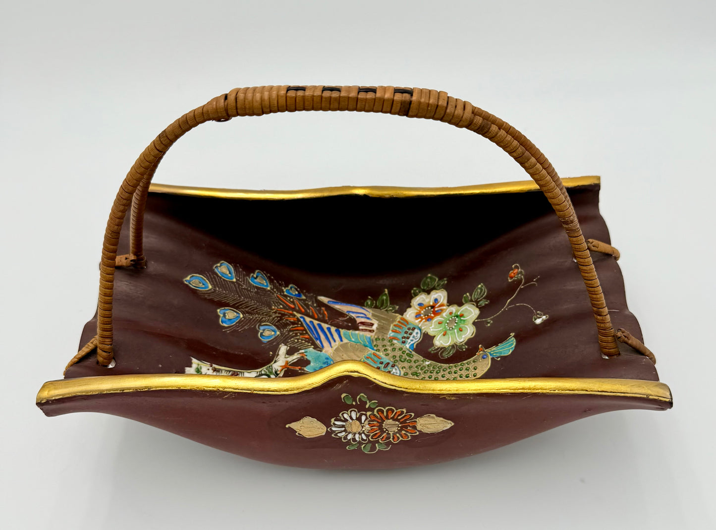 VINTAGE JAPANESE PEACOCK POTTERY BASKET WITH WICKER HANDLE