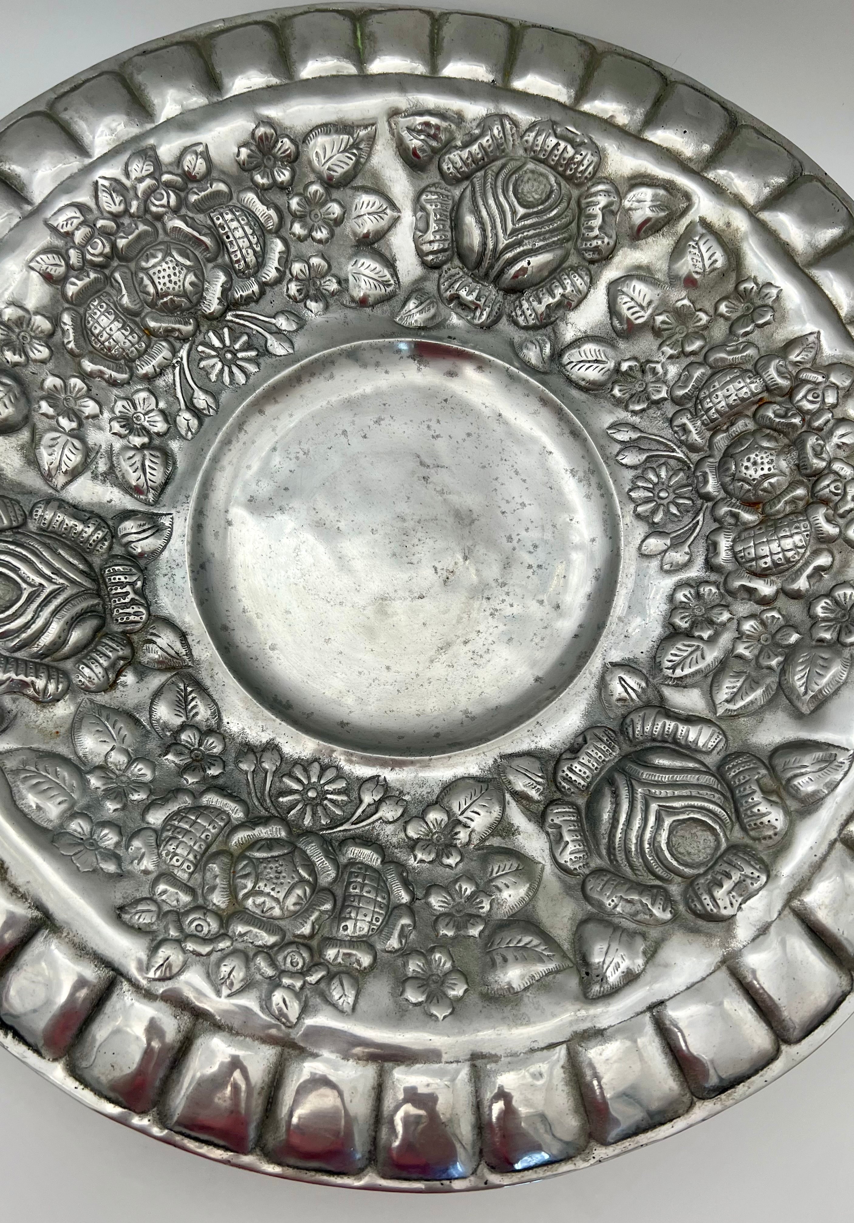 VINTAGE 1950s HAND-EMBOSSED PEWTER TRAY