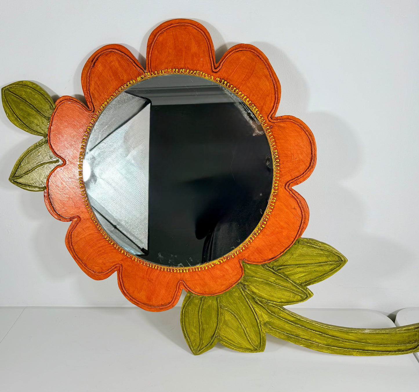 VINTAGE ORANGE AND GREEN FLOWER SHAPED HANGING MIRROR, 1970s