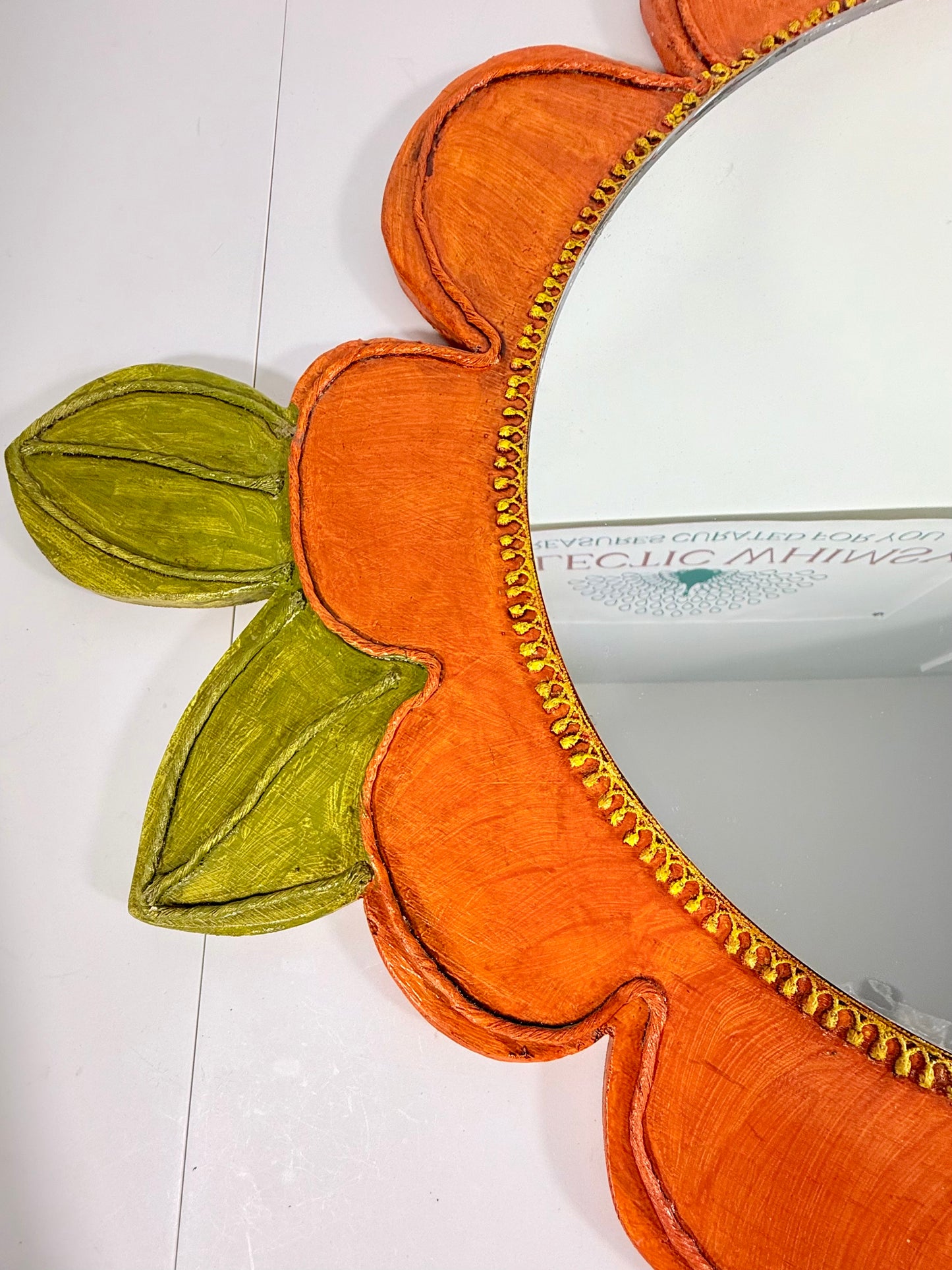 VINTAGE ORANGE AND GREEN FLOWER SHAPED HANGING MIRROR, 1970s