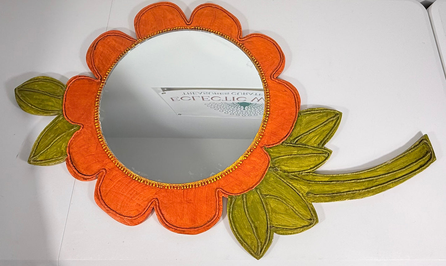 VINTAGE ORANGE AND GREEN FLOWER SHAPED HANGING MIRROR, 1970s
