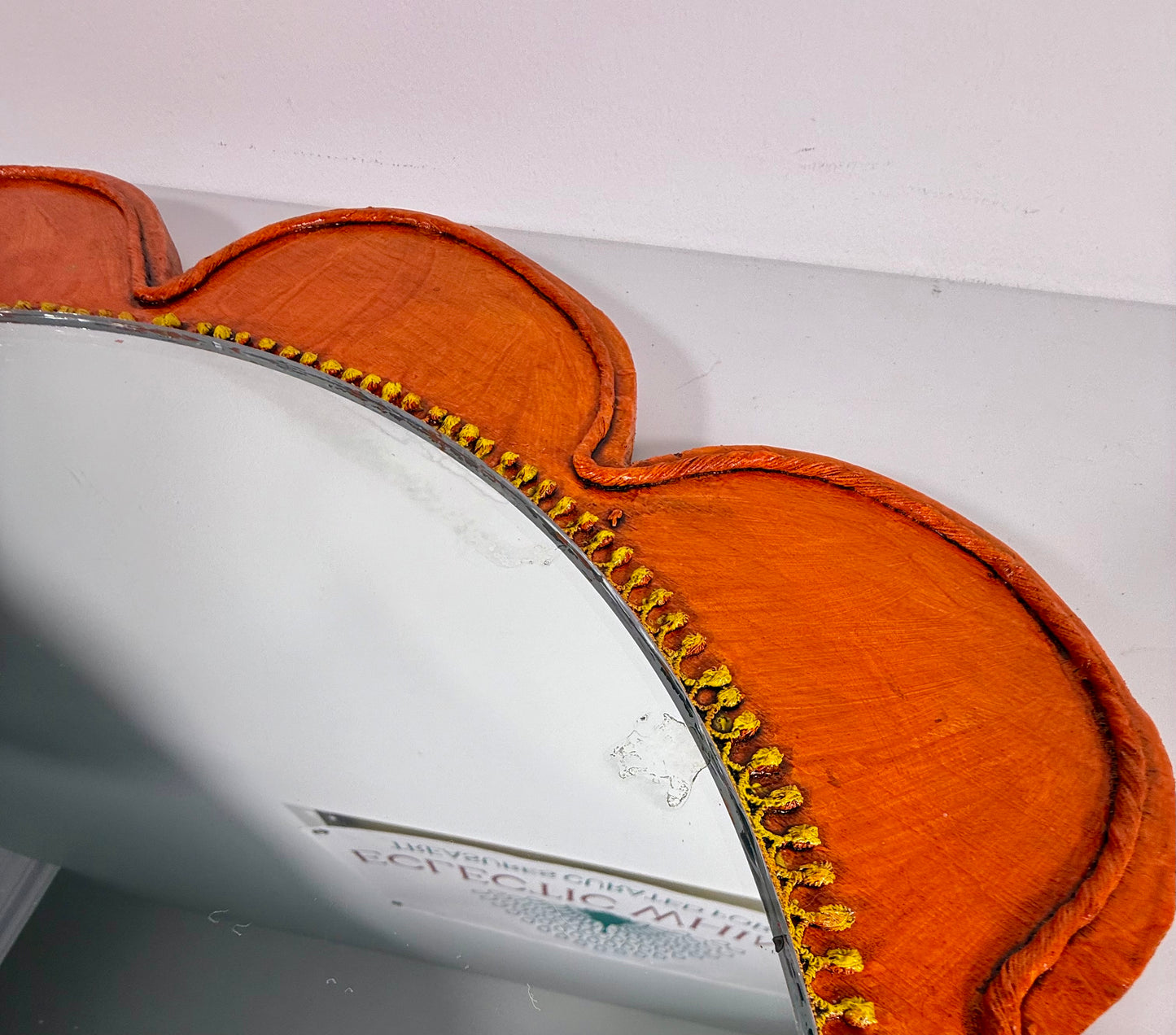 VINTAGE ORANGE AND GREEN FLOWER SHAPED HANGING MIRROR, 1970s
